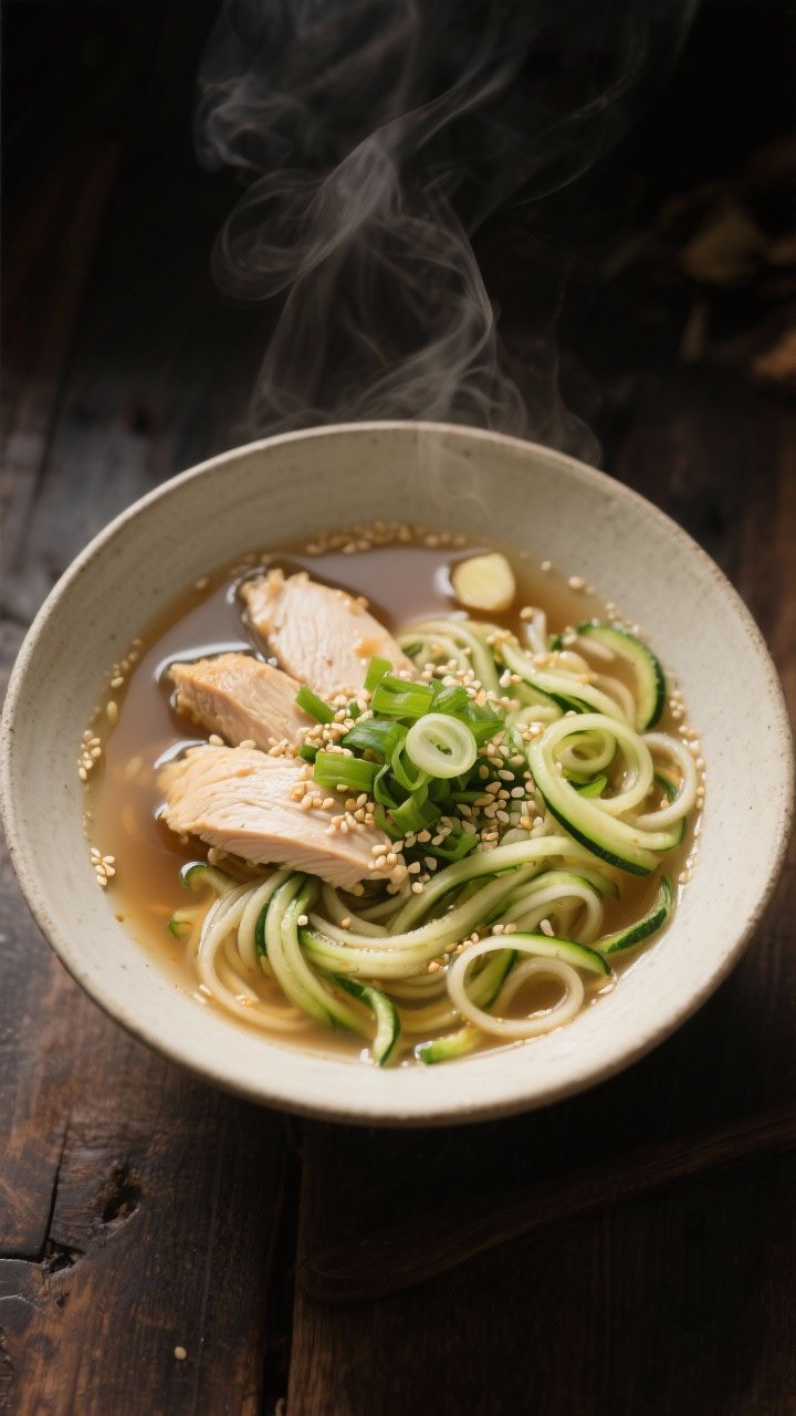 A straight-on bowl shot of cozy miso-ginger chicken ramen with zoodles: clear, steamy low-sodium chicken broth infused with white miso, soy sauce, fresh ginger, and garlic; tender chicken pieces; vibrant zucchini noodles coiled beneath the surface. Topped with scallions and sesame seeds, a drizzle of sesame oil shimmering. Neutral ceramic bowl on a dark wood surface, moody warmth highlighting broth clarity and steam.