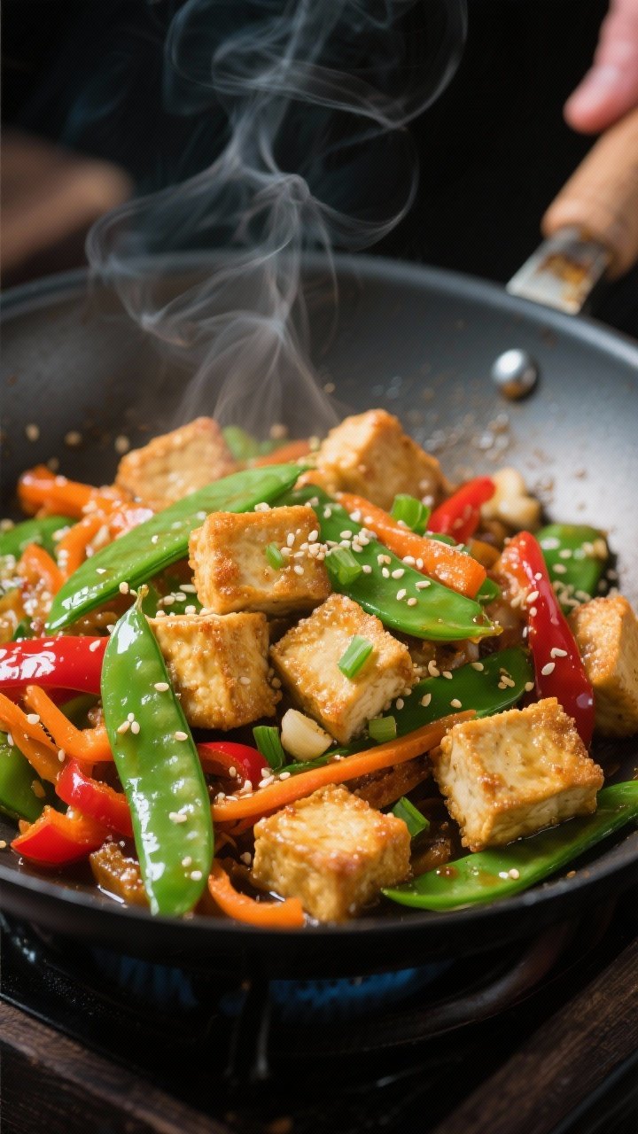 Action close-up of crispy tofu stir-fry in a wok: golden-brown tofu cubes dusted in cornstarch seared in neutral oil; bright green snow peas with snap, red bell pepper slices, and thin carrot julienne tossed with a glossy ginger-garlic sauce; sesame seeds and sliced green onions sprinkled; high-contrast lighting to highlight crisp textures, steam curls visible, no hands.