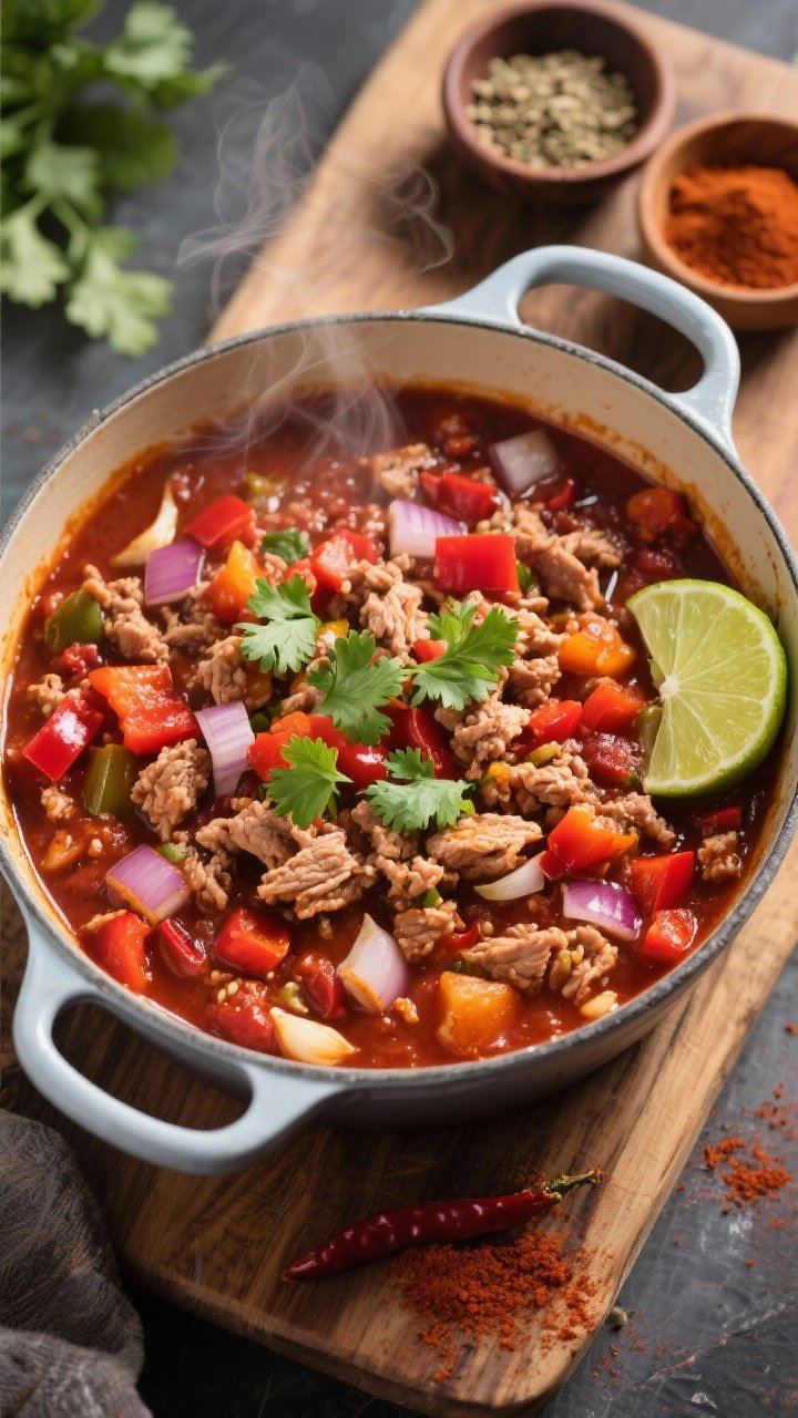 An overhead, hearty ingredient-forward shot of veggie-packed turkey chili in a Dutch oven: lean ground turkey, diced onion and red bell pepper, minced garlic, deep red chili base with chili powder, cumin, and smoked paprika. Thick, chunky texture, steam rising. Garnished with chopped cilantro and a lime wedge on the side; rustic wooden board with small pinch bowls of spices for a cozy, homey vibe.