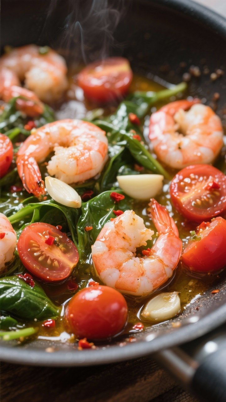 Close-up action shot: garlicky shrimp in a shallow skillet, pink and glossy with thinly sliced garlic and a pinch of red pepper flakes sizzling in olive oil; burst cherry tomatoes releasing juices, fresh baby spinach just wilting into the sauce; glistening saucy sheen, shallow depth of field, bright highlights, coastal Mediterranean vibe.