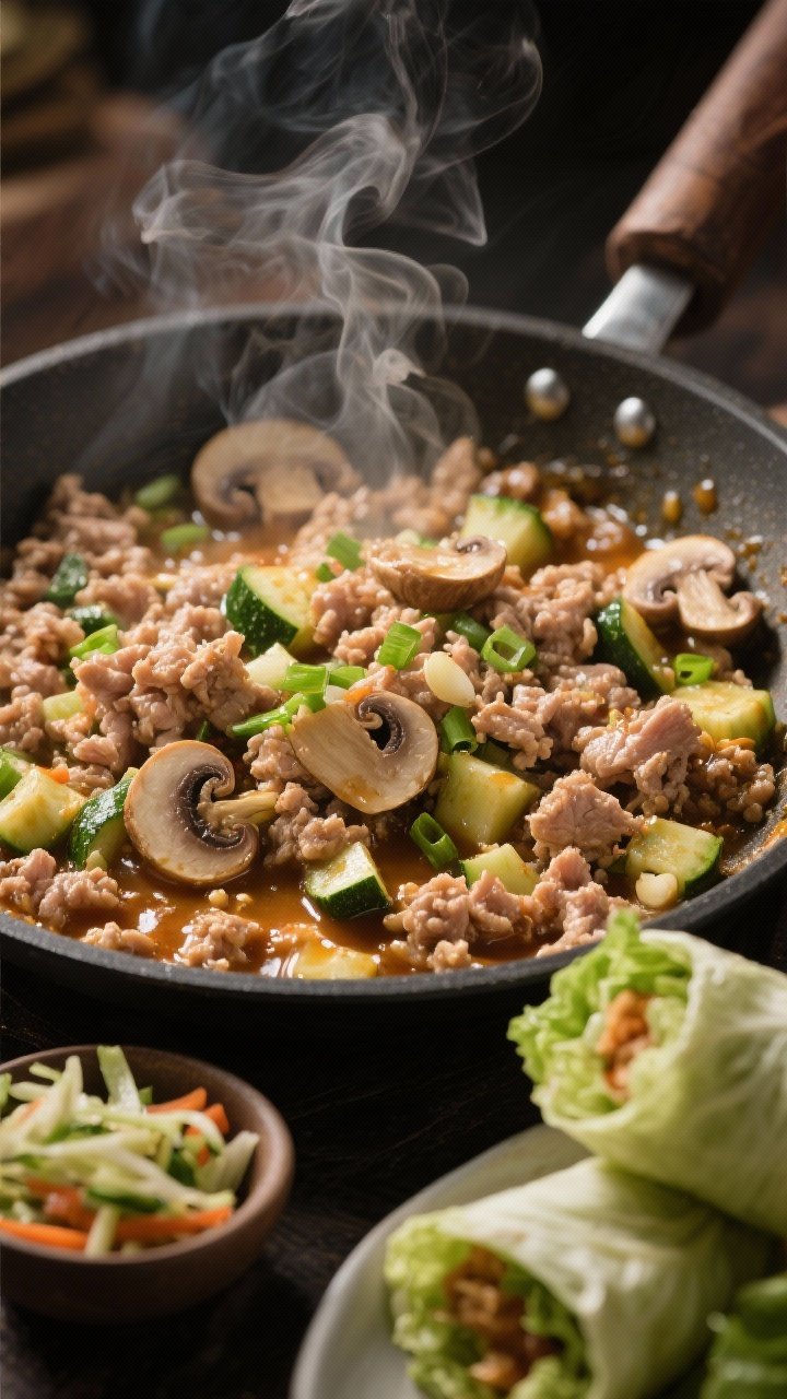 Close-up action shot of ginger-garlic ground turkey sizzling in a skillet with finely chopped mushrooms, diced zucchini, and green onion; steam rising, glossy sauce clinging to crumbles; nearby butter lettuce leaves ready for filling, with a small bowl of crunchy veg slaw; warm, savory tones and dramatic side lighting to highlight texture and moisture on the turkey.