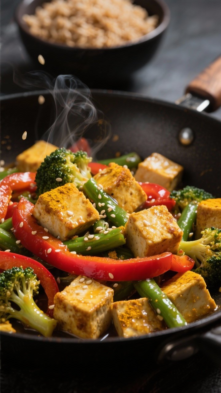 Close-up action shot of Ginger-Turmeric Tofu Bowl components in a wok: extra-firm tofu cubes lightly crisped with cornstarch, stained golden from ginger-turmeric, tossed with red bell pepper strips and steamed broccoli/green beans; glossy coconut oil sheen, a wisp of steam, sesame seeds scattered; background blur reveals a bowl of coconut brown rice; moody contrast, punchy yellows and greens.