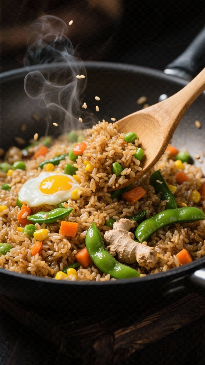 Close-up action shot of gingery veggie fried rice in a wok: sesame oil-slicked chilled brown rice tossed with thawed mixed vegetables (peas, carrots, corn), bright green edamame, and soft curds of just-set egg; minced ginger aromatics visible, grains distinct and glistening, a bamboo spatula mid-stir, steam rising, moody backlight emphasizing texture and color contrast