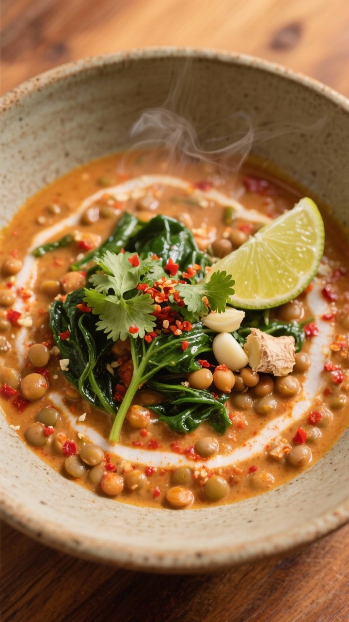 Close-up bowl shot: Creamy coconut lentil curry with visible red curry paste hue, tender lentils swirled in coconut richness, flecks of grated ginger and minced garlic, wilted spinach ribbons, and a fresh lime wedge on the rim. Garnished with a sprinkle of chili flakes and cilantro, served in a stoneware bowl on a warm wooden table, emphasizing velvety texture and gentle steam.