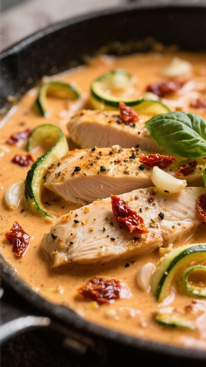Close-up creamy skillet: thinly sliced chicken breasts seasoned with Italian seasoning and black pepper, bathed in a silky sun-dried tomato cream sauce with minced garlic; zucchini ribbons twirled through the sauce, flecks of basil on top; rich, velvety texture, golden highlights, shallow depth of field emphasizing sauce gloss.