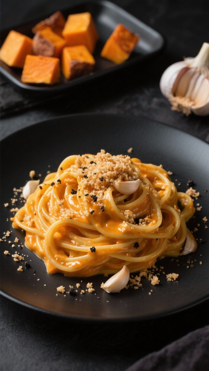 Close-up of silky butternut “Alfredo” twirled on pasta: glossy orange-gold butternut squash sauce with roasted garlic blended smooth, clinging to fettuccine; topped with a shower of crunchy garlicky breadcrumbs and cracked black pepper; crumbs scattered on a matte black plate, with a background tray holding cubed roasted butternut and a halved roasted head of garlic, moody light emphasizing the creamy sheen.