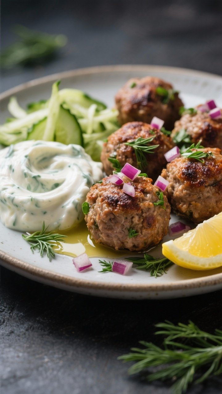 Close-up of zesty Greek turkey meatballs on a small plate, browned and juicy, speckled with finely chopped red onion, parsley, and dill; a generous dollop of garlicky cucumber yogurt (tzatziki-style) swirled beside them, cucumber shreds visible; drizzle of olive oil and a squeeze of lemon; scattered dill fronds; shallow depth of field, moody Mediterranean tones.