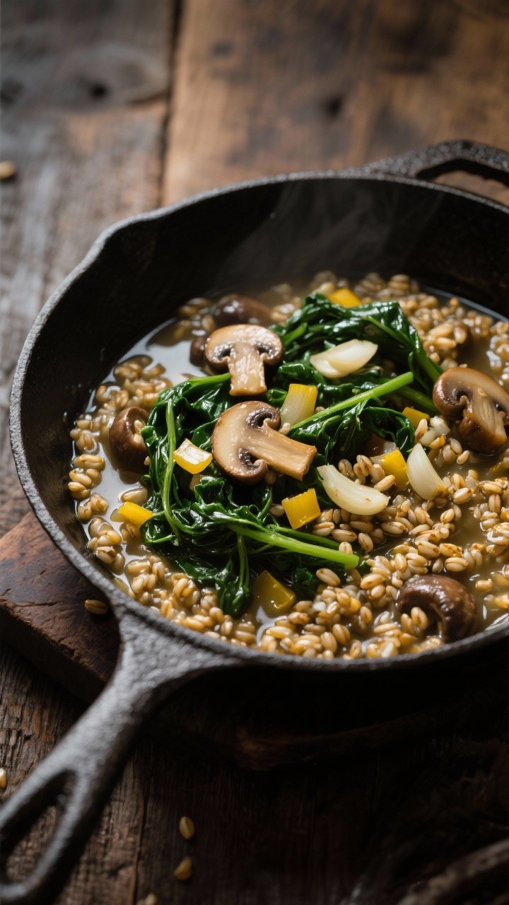 Close-up skillet capture of Hearty Barley & Mushroom with Garlicky Greens: a cast-iron pan filled with glossy pearl barley simmered in vegetable broth, studded with golden sautéed cremini/mixed mushrooms, diced yellow onion, and visible minced garlic; ribbons of garlicky wilted greens (spinach or kale) folded through; shallow depth of field highlighting chewy barley and mushroom sheen, moody side light, rustic wooden table.