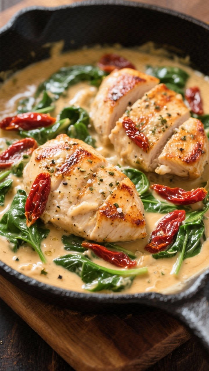 Close-up skillet shot: Creamy Tuscan chicken—seared chicken cutlets seasoned with kosher salt, black pepper, and Italian seasoning, bathed in a glossy garlic-butter cream sauce studded with wilted spinach and ribbons of sun-dried tomatoes; sauce clinging to the chicken with visible swirls, served in a black cast-iron skillet on a wooden board, warm golden light highlighting the creamy texture and red-green contrast.