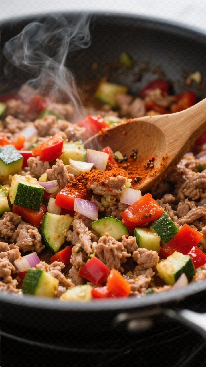 Close-up skillet shot of one-pot turkey taco zucchini: lean ground turkey browned with diced onion, red bell pepper, diced zucchini, minced garlic, chili powder and cumin visible as a warm spice rub; steam rising; a wooden spoon stirring chunky, colorful pieces. Shallow depth of field to emphasize juicy turkey and tender zucchini cubes with vibrant reds and greens.