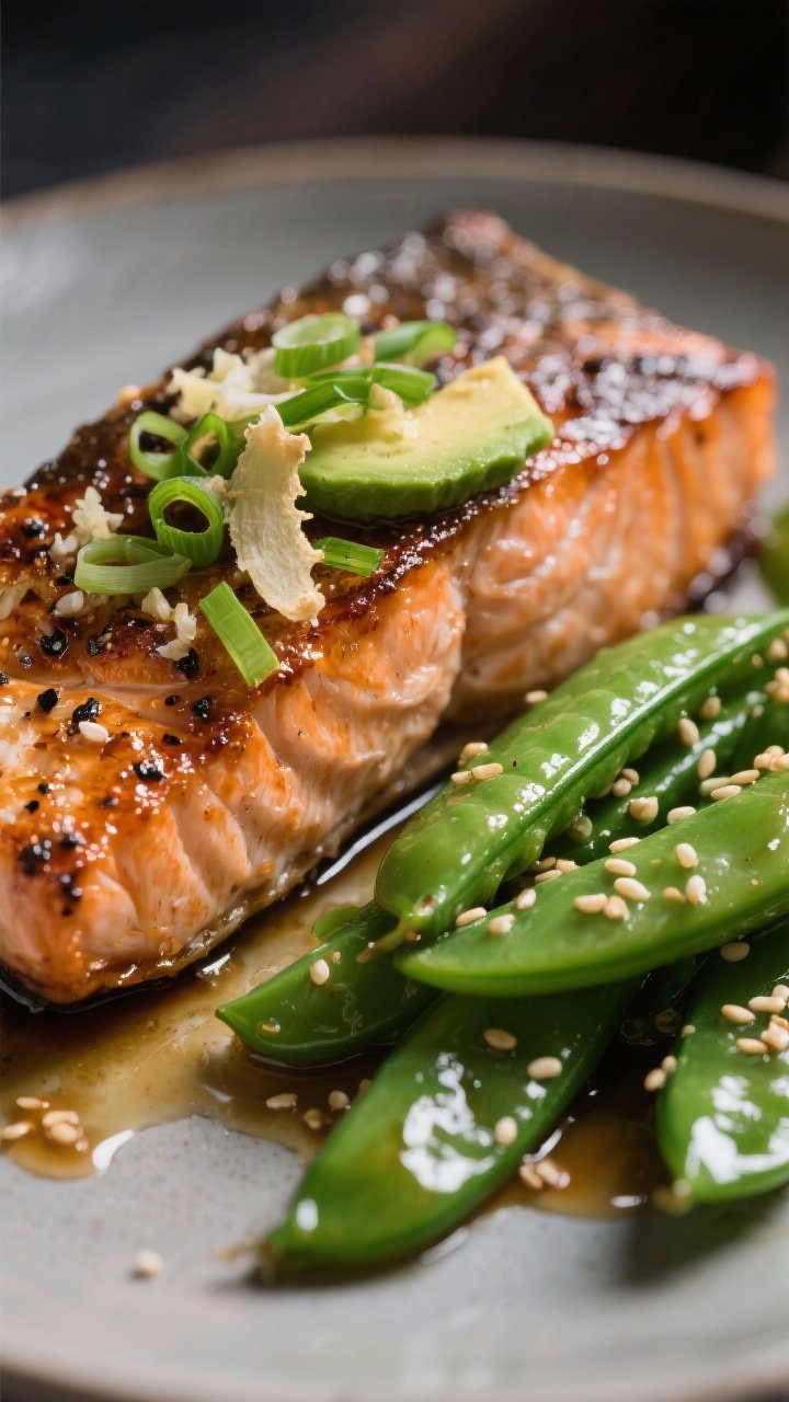 Close-up, straight-on capture of Ginger-Scallion Salmon with Sesame Snow Peas: seared skin-on salmon fillets with crisped skin and glossy flakes, seasoned with sea salt and black pepper, drizzled with avocado oil; topped with fresh grated ginger and thinly sliced scallions; side of glossy, bright-green snow peas tossed with toasted sesame seeds; light soy-sesame glaze pooling slightly; moody side lighting to highlight texture and shine.