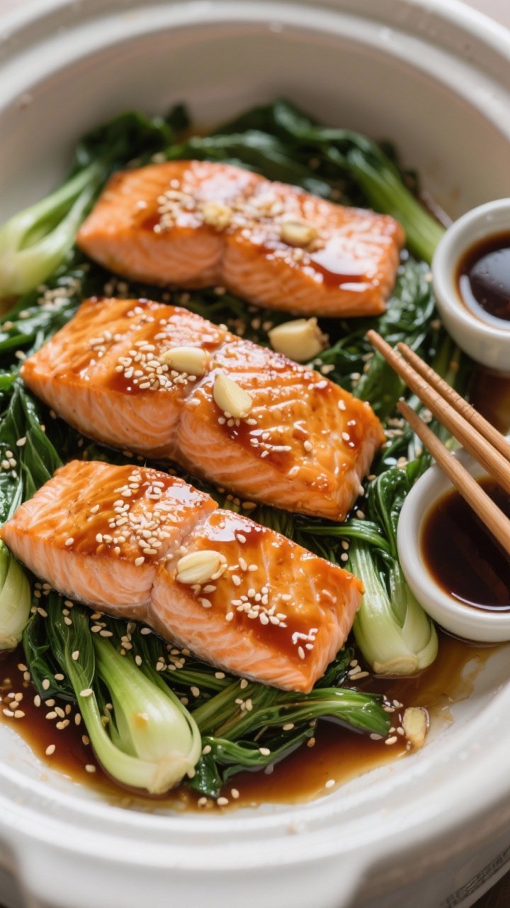 Close-up, straight-on shot of ginger-garlic salmon with sesame greens in a slow cooker insert: four skin-on salmon fillets lacquered with a soy/tamari, rice vinegar, honey, ginger, and garlic glaze, nestled over wilted bok choy; sesame seeds sprinkled on top, glaze pooling slightly around the fillets, soft diffuse light emphasizing the flaky texture and glossy sauce; chopsticks and a small dish of extra sauce to the side.