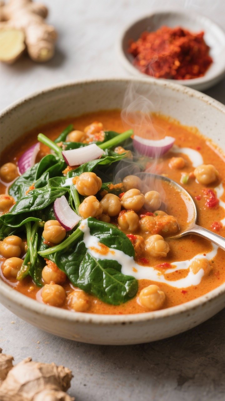 Cozy bowl close-up: one-pot coconut curry chickpeas simmered with onion, garlic, fresh ginger, red curry paste, and coconut milk, folded with fresh spinach until just wilted; silky, sunset-orange sauce coating plump chickpeas, streaks of coconut cream, emerald spinach peeking through; served in a simple ceramic bowl with a spoon, steam rising; small dish of red curry paste and grated ginger in the background.