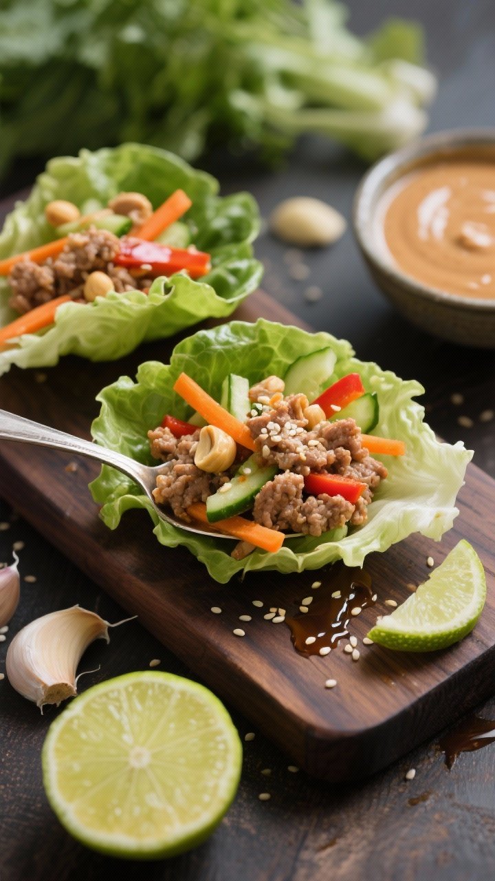 Ingredient-to-assembly close-up: Garlic-lime turkey lettuce wraps—juicy ground turkey sautéed with minced garlic and fresh grated ginger, glossed with low-sodium tamari and a squeeze of lime. Spoonfuls tucked into crisp lettuce cups, topped with crunchy mixed veg (shredded carrots, thin cucumber, bell pepper matchsticks) and a glossy peanut drizzle. Sesame seeds sprinkled, lime half and small bowl of peanut sauce nearby on a dark wood board.