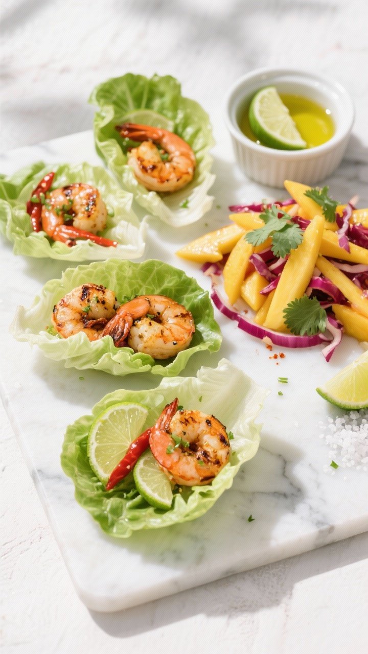 Overhead assembly of lettuce wraps: crisp butter lettuce cups filled with chili-lime shrimp (chili powder, cumin, smoked paprika) lightly charred, tossed with lime zest and juice; vibrant mango slaw with julienned mango, red cabbage, and cilantro piled alongside; tiny ramekin of extra lime wedges and sea salt; olive oil sheen on shrimp, no tortillas—clean, bright, tropical palette on a white marble board.