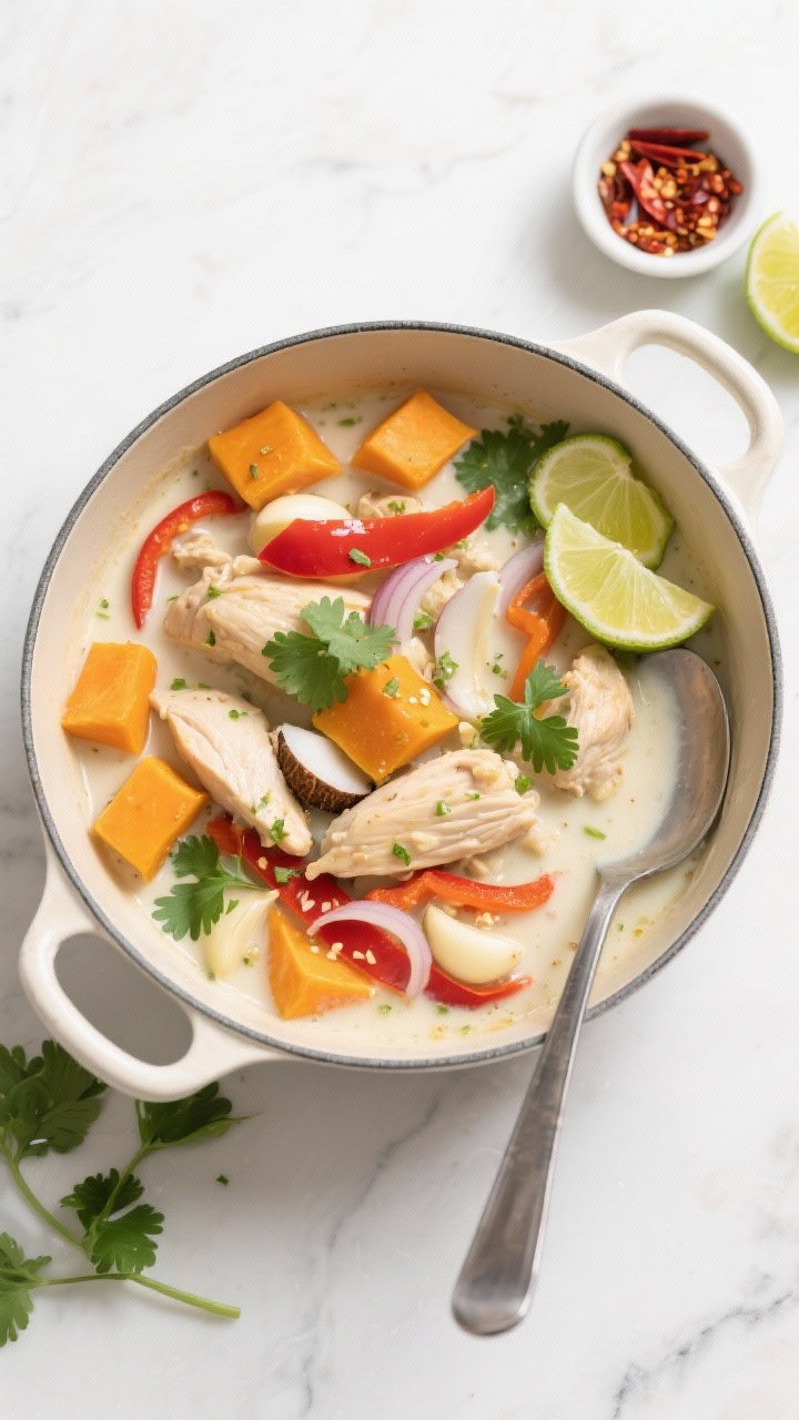 Overhead bright scene of coconut lime chicken and veggie stew in a wide enamel pot: chunks of boneless chicken, cubed butternut squash, red bell pepper strips, onion, garlic, and grated fresh ginger in a creamy coconut milk broth with visible lime zest and lime wedges on the side; cilantro scattered, a light, tropical palette of orange, red, and green; served with a ladle and a small dish of chili flakes for optional heat.