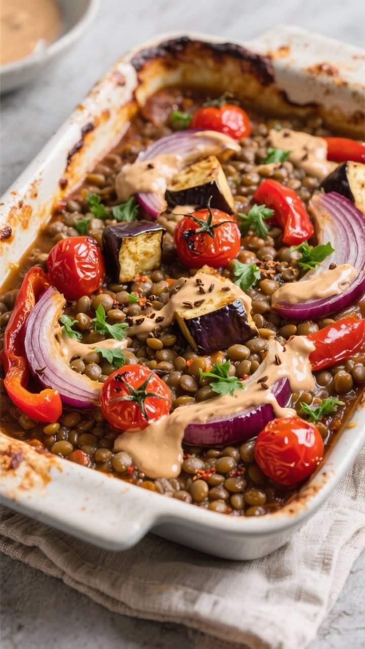 Overhead casserole bake: spiced lentils cooked in vegetable broth baked with wedges of red onion, chunky red bell pepper, cubed eggplant, and whole cherry tomatoes; edges browned and tomatoes blistered; finished with a thick tahini drizzle and a sprinkle of cumin and chopped parsley; presented in a rustic baking dish on linen.