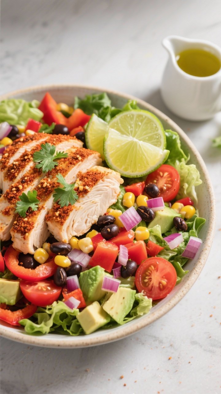 Overhead chopped Southwest salad bowl: crunchy romaine base piled with diced red bell pepper, corn, black beans, cherry tomatoes, avocado cubes, and finely chopped red onion; sliced chili-lime chicken breast (rubbed with chili powder, cumin, smoked paprika, garlic powder, salt, pepper) fanned on top, lime wedges and cilantro scattered; a drizzle-ready small pitcher of olive oil–lime dressing to the side; vibrant, colorful styling.