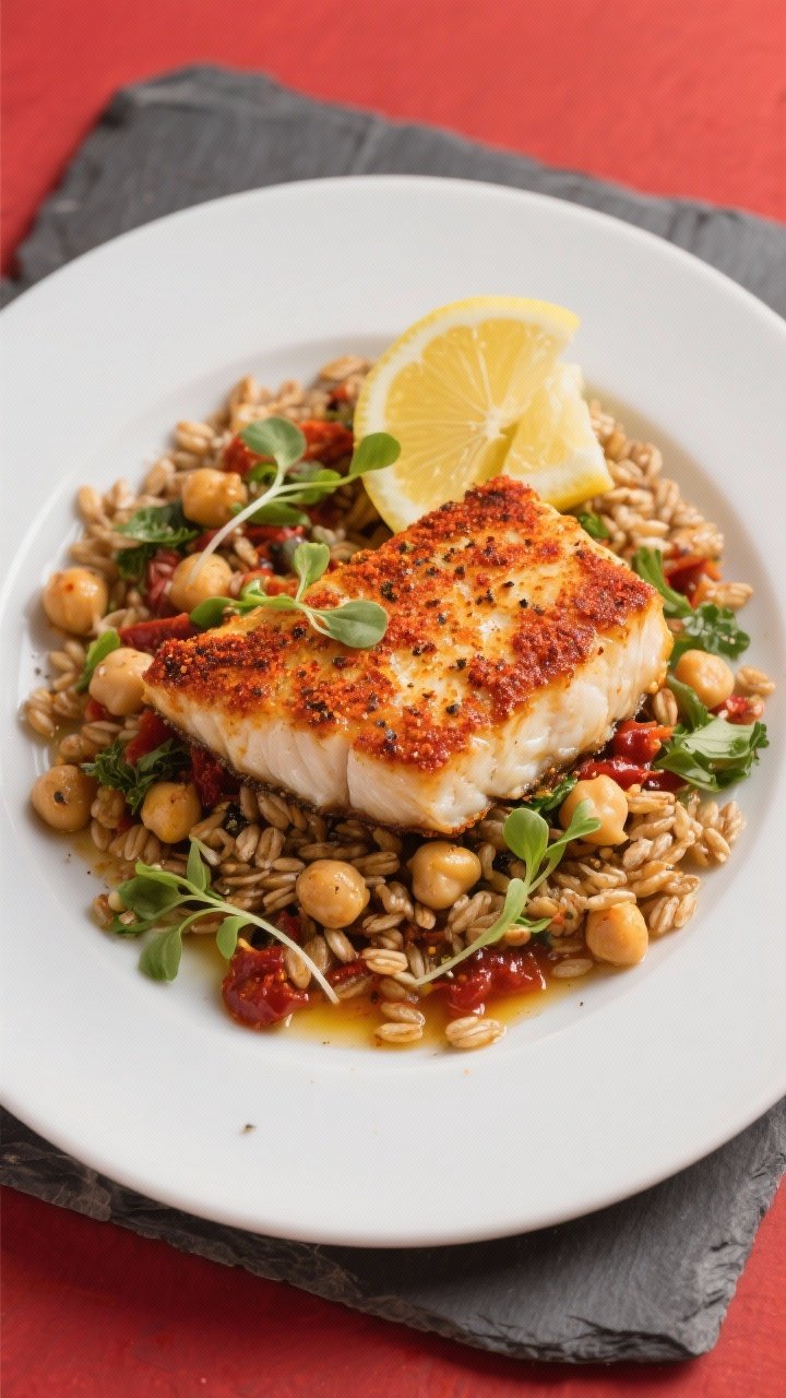 Overhead composed plate of Spiced Baked Cod over Harissa Chickpea & Farro Salad: flaky cod fillets baked with paprika, ground coriander, garlic powder, salt, and black pepper, set atop a warm salad of farro and chickpeas tossed with harissa, olive oil, and herbs; garnished with lemon wedges and microgreens; clean white plate on slate background, vibrant reds and golds, high contrast to showcase spice crust and grain texture.