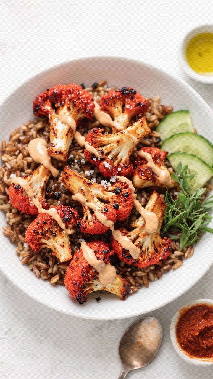 Overhead grain bowl flat lay: harissa-roasted cauliflower florets with charred edges and deep red glaze, arranged over a base of fluffy brown rice (or quinoa/farro); drizzled with silky tahini sauce in thin ribbons; a pinch of sea salt and black pepper on top; side accents of cucumber slices and fresh herbs for contrast; small dish of harissa paste and a spoon with olive oil nearby; minimalist, high-key styling.