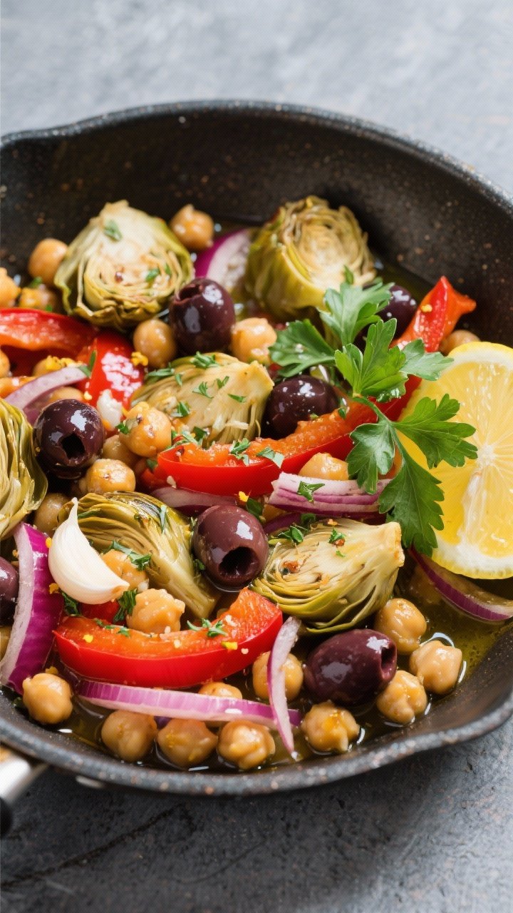 Overhead Mediterranean skillet: chickpeas, quartered artichoke hearts, sliced red bell pepper, thin red onion, minced garlic, and glossy Kalamata olives tossed in olive oil; flecks of oregano and lemon zest; finished with fresh parsley and lemon wedges on the side; vibrant, briny palette, enamel skillet on a cool slate surface.