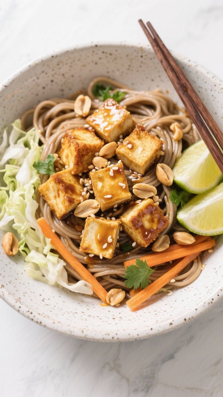 Overhead noodle bowl with crispy tofu peanut crunch: golden tofu cubes (cornstarch-crisped, soy-sauced) arranged over whole-wheat noodles, ribbons of shredded cabbage, julienned carrots, fresh herbs; glossy peanut sauce drizzled, sesame oil sheen, crushed peanuts and lime wedges on the side; bright, fresh, modern styling on a speckled ceramic bowl with chopsticks