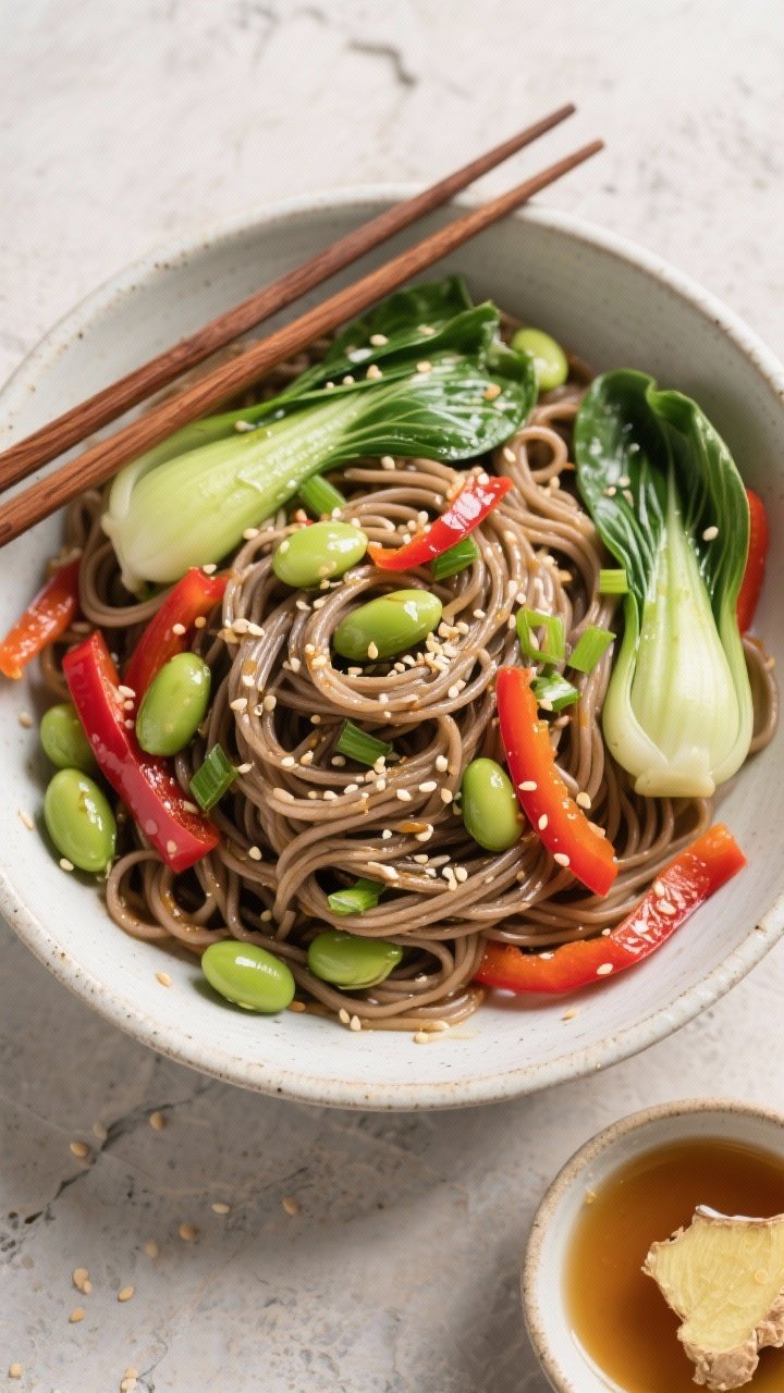 Overhead noodle tangle of sesame-ginger soba (100% buckwheat) tossed with sliced bok choy, shelled edamame, thin red bell pepper strips, and green onion; glossy sesame oil sheen and toasted sesame seeds scattered; chopsticks resting on the bowl’s rim; neutral stone background for contrast and a small dish of ginger-sesame dressing at the corner.