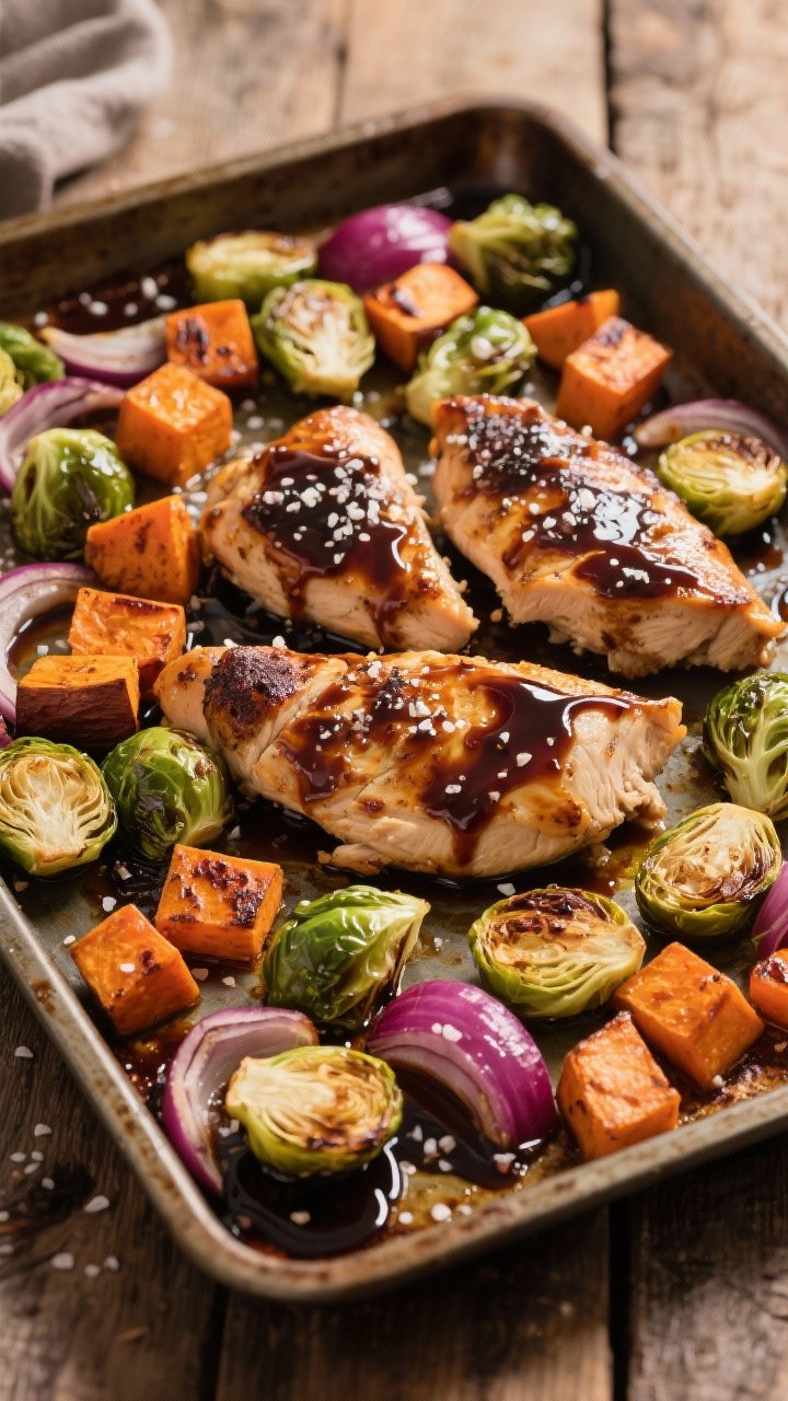 Overhead one-pan roast of Balsamic Chicken, Brussels & Sweet Potatoes: sheet pan with chunky chicken breast pieces lacquered in balsamic, halved Brussels sprouts caramelized, sweet potato cubes roasted to edges, red onion wedges softened and charred; balsamic glaze pooling slightly, sea salt flakes visible; rustic baking sheet on a wooden surface for weeknight comfort.