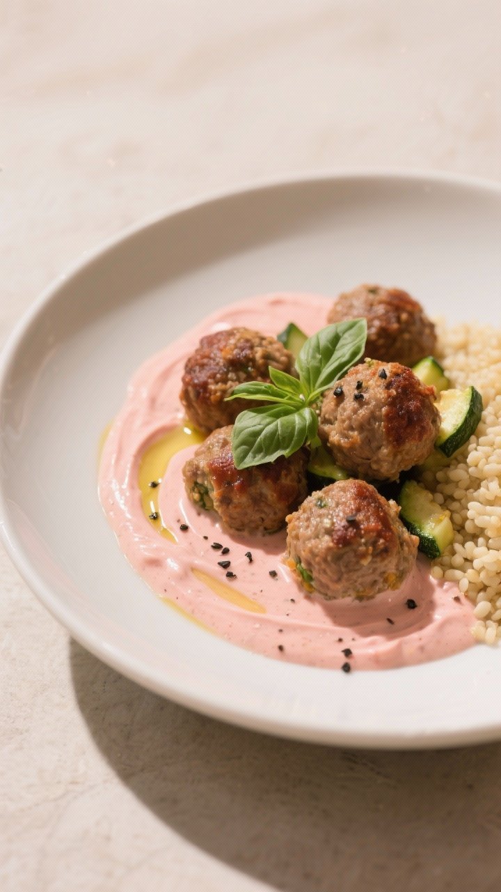 Overhead plated comfort dish: Turkey zucchini meatballs in creamy tomato yogurt sauce. Juicy, browned turkey-zucchini meatballs nestled in a blush-pink tomato yogurt sauce, swirled to show creamy texture. Garnished with torn basil and a drizzle of olive oil, cracked black pepper on top. Served in a shallow white bowl with a side of couscous or rice hinted at the edge, warm inviting tones, soft diffused light emphasizing sauce creaminess and meatball crust.