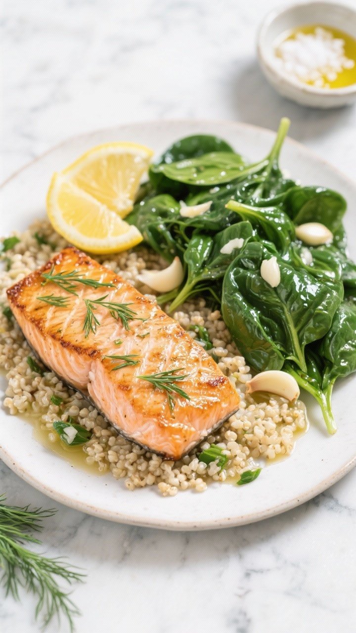 Overhead plated shot: Lemon-dill salmon fillets, skin-on, seared with caramelized edges, nestled beside fluffy quinoa cooked in vegetable broth, and a heap of glossy garlicky baby spinach. Lemon wedges, fresh dill fronds, and minced garlic bits visible; light olive oil sheen. Styled on a cool marble surface with a small bowl of sea salt and a drizzle of pan juices for a bright, clean, wellness vibe.