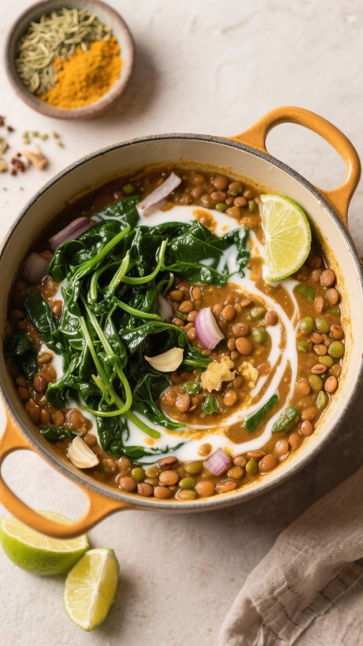 Overhead pot shot of garam masala lentil and spinach stew with coconut-lime: a Dutch oven filled with brown/green lentils simmered with onion, garlic, grated ginger, garam masala, ground coriander, and turmeric; coconut milk swirling into the broth, a squeeze of lime over the surface, handfuls of just-wilted spinach adding deep green ribbons; lime wedges and a small bowl of spices nearby, warm cozy tones.