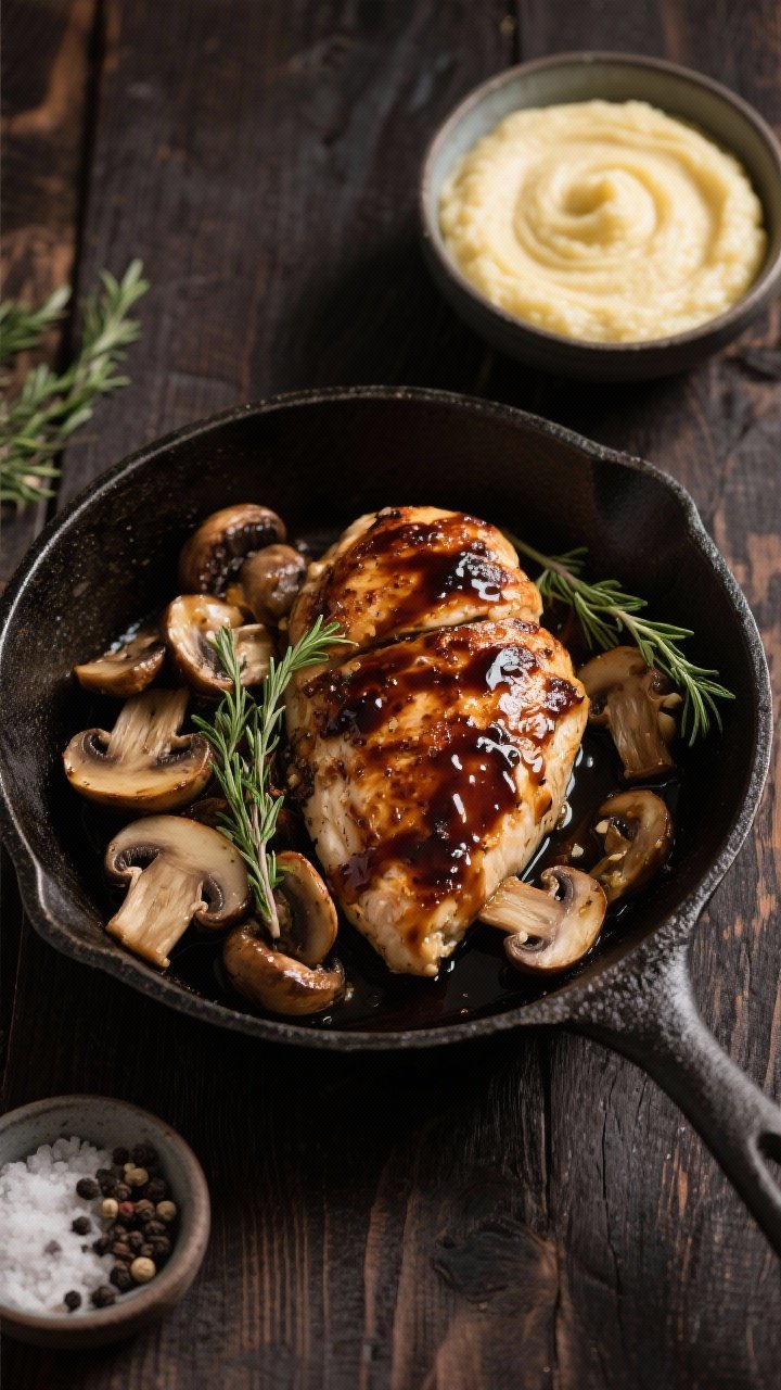 Overhead rustic skillet of balsamic chicken and mushroom: seared chicken breasts glazed with a reduced balsamic sauce, surrounded by sautéed cremini mushrooms and sprigs of thyme; a side bowl of creamy polenta-style swap (smooth, pale, with a light swirl) plated separately; cracked black pepper and sea salt pinch bowl nearby; dark wood table, rich contrast.