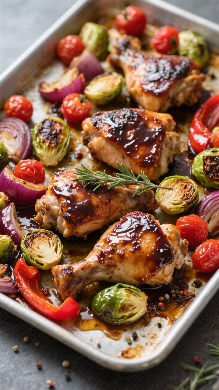 Overhead sheet-pan bake: One-pan balsamic chicken and veggie roast—chunky boneless chicken thighs lacquered in glossy balsamic, surrounded by halved Brussels sprouts with charred edges, red onion wedges, red bell pepper strips, and burst cherry tomatoes. Caramelized bits and pan juices pooling, a sprig of thyme and cracked pepper scattered for a hearty, weeknight vibe.