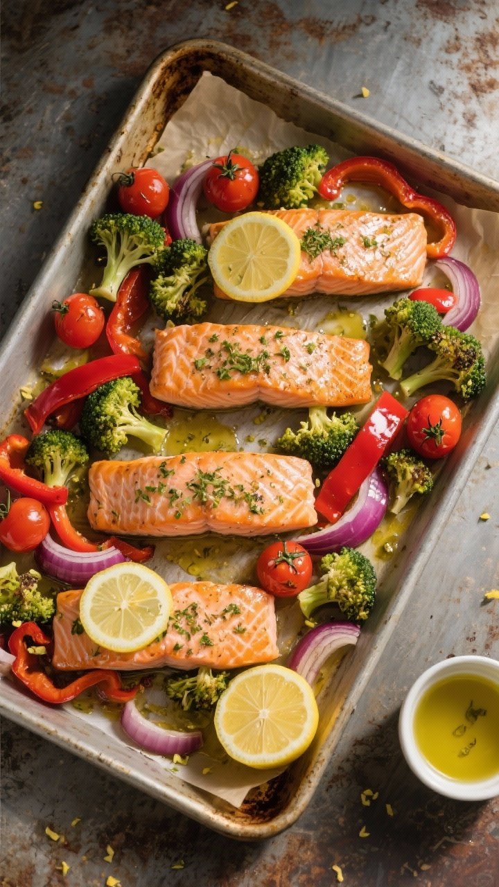 Overhead sheet-pan scene: four skin-on lemon-herb salmon fillets nestled among roasted broccoli florets, red bell pepper strips, sliced red onion, and burst cherry tomatoes, glistening with extra-virgin olive oil; thin lemon rounds and zest scattered, a halved lemon and small bowl of olive oil at the corner; warm, contrasty light on a parchment-lined pan over a rustic metal surface.