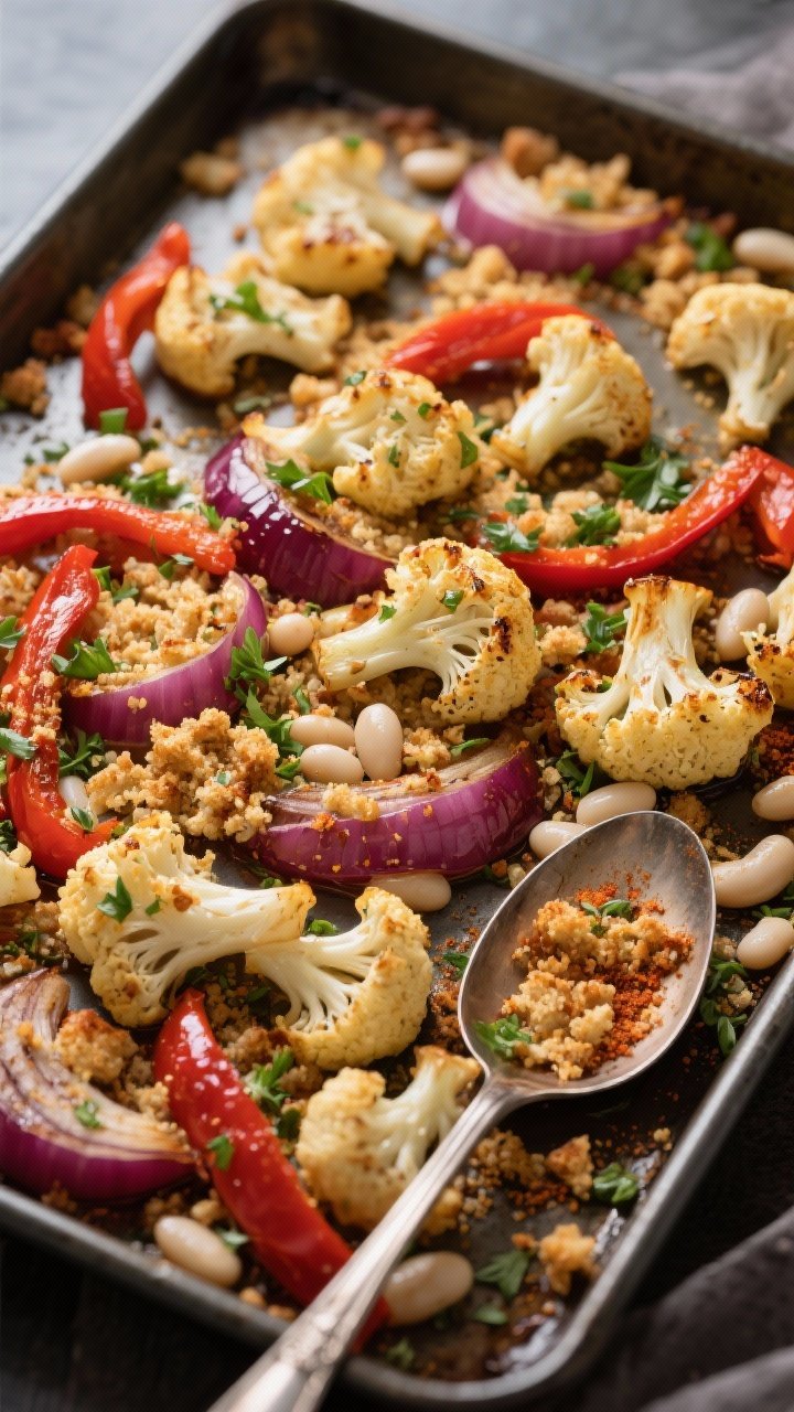 Overhead sheet-pan scene of Roasted Cauliflower & White Bean with Herby Bread Crumbs: caramelized cauliflower florets, thick red onion wedges, and red bell pepper strips tossed with olive oil, smoked paprika, dried oregano, and salt, scattered with creamy white beans; topped with crunchy golden herbed bread crumbs and chopped parsley; photographed on a dark metal sheet pan with a spoon showing texture contrast, bright yet cozy light.