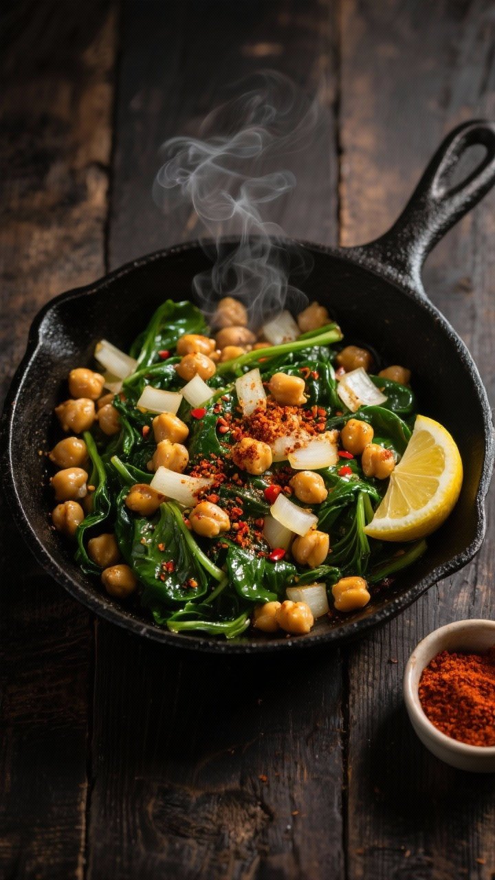 Overhead shot of a smoky chickpea and spinach skillet in a black cast-iron pan: golden sautéed diced onion and minced garlic mingled with plump chickpeas, wilted glossy spinach, dustings of smoked paprika, ground cumin, and a hint of red pepper flakes; a warm, rustic mood with steam rising, olive oil sheen catching light, styled on a dark wooden surface with a small ramekin of paprika and a lemon wedge off to the side