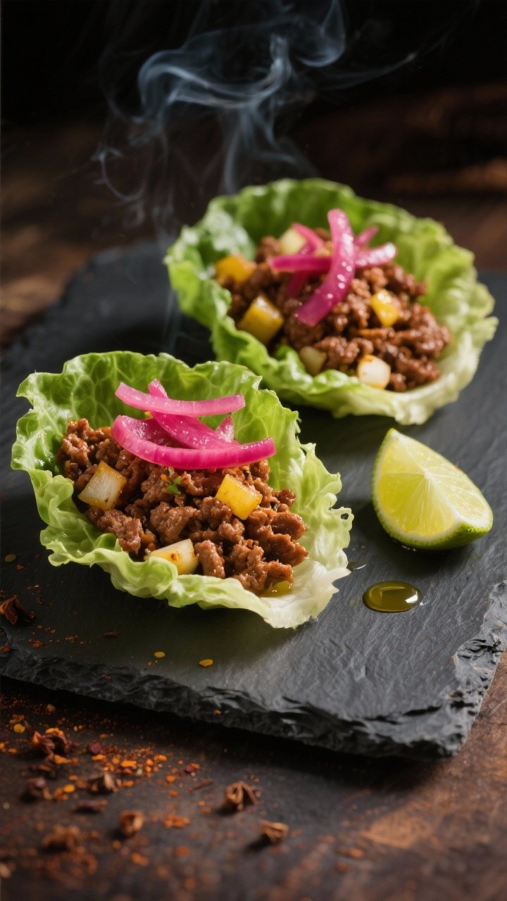 Overhead shot of smoky chipotle turkey lettuce wraps on a slate board: crisp butter lettuce cups filled with browned lean ground turkey cooked with diced yellow onion, minced garlic, ground cumin, smoked paprika, and flecks of chipotle in adobo; topped with quick pickled red onions glistening, lime wedges on the side, a tiny drizzle of olive oil sheen, warm, moody lighting with a hint of smoke; no people, professional styling, vibrant greens and magenta pickles contrasting the deep mahogany turkey.