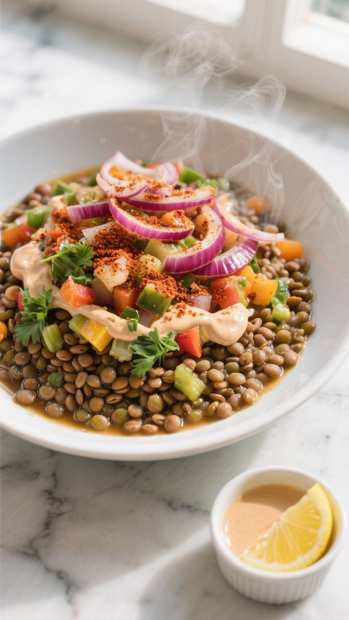 Overhead shot of Smoky Lentil & Veggie Power Bowls: a wide white bowl layered with tender brown/green lentils simmered in vegetable broth, dusted with smoked paprika and cumin, topped with sautéed red onion slices and mixed colorful chopped vegetables, finished with a glossy lemon-tahini drizzle and a sprinkle of fresh parsley; warm, earthy tones, soft natural window light, marble surface, small ramekin of extra lemon-tahini and lemon wedges on the side, steam subtly visible.