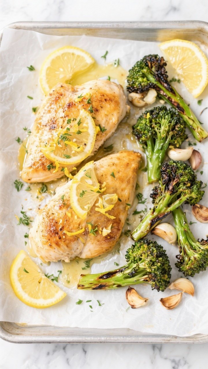 Overhead shot of Zesty Lemon-Garlic Chicken with Roasted Broccolini: golden seared boneless skinless chicken breasts brushed with lemon zest, fresh lemon juice, minced garlic, olive oil, dried oregano, and a pinch of sea salt and black pepper, nestled beside lightly charred broccolini on a parchment-lined sheet pan; scattered lemon wedges, micro zest, and roasted garlic bits; bright, clean lighting on a white marble surface, crisp textures and glistening olive oil sheen, no people.
