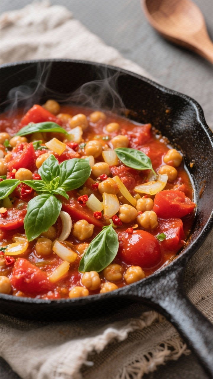 Overhead skillet scene: creamy tomato basil chickpea skillet (no cream) in a black cast-iron pan—crushed tomatoes simmered with diced yellow onion, minced garlic, and a hint of red pepper flakes; tender chickpeas folded in; ribbons of fresh basil on top and a glossy finish of olive oil; steam visible; rustic linen and wooden spoon styling, vibrant reds and greens.