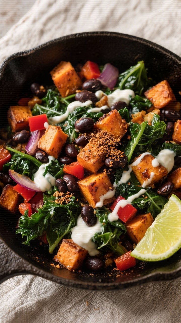Overhead skillet scene of sweet potato, kale, and black bean hash: caramelized 1/2-inch sweet potato cubes, wilted kale ribbons, black beans, diced red bell pepper, and bits of red onion; cumin-lime yogurt drizzled in ribbons with extra lime wedge on the side; warm spices visible as a dusting; cast-iron skillet on a rustic linen, vibrant, hearty, and wholesome.