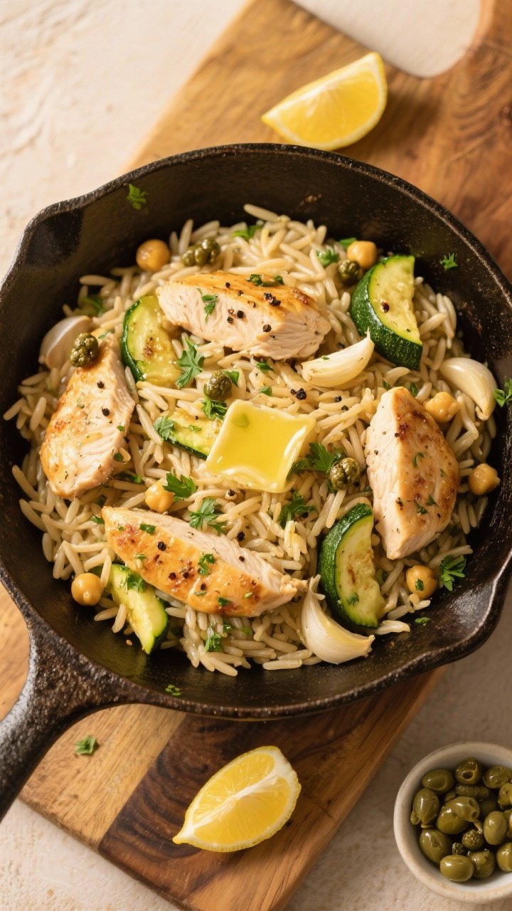 Overhead skillet shot of gluten-free orzo (chickpea/rice-based) tossed with herbed chicken breast bites, sautéed zucchini, garlic, butter-ghee gloss, and lemon-caper accents; flecks of parsley and cracked pepper throughout; lemon halves and a small dish of capers nearby; rustic cast-iron pan on a wooden board, golden, cozy light conveying Mediterranean comfort.