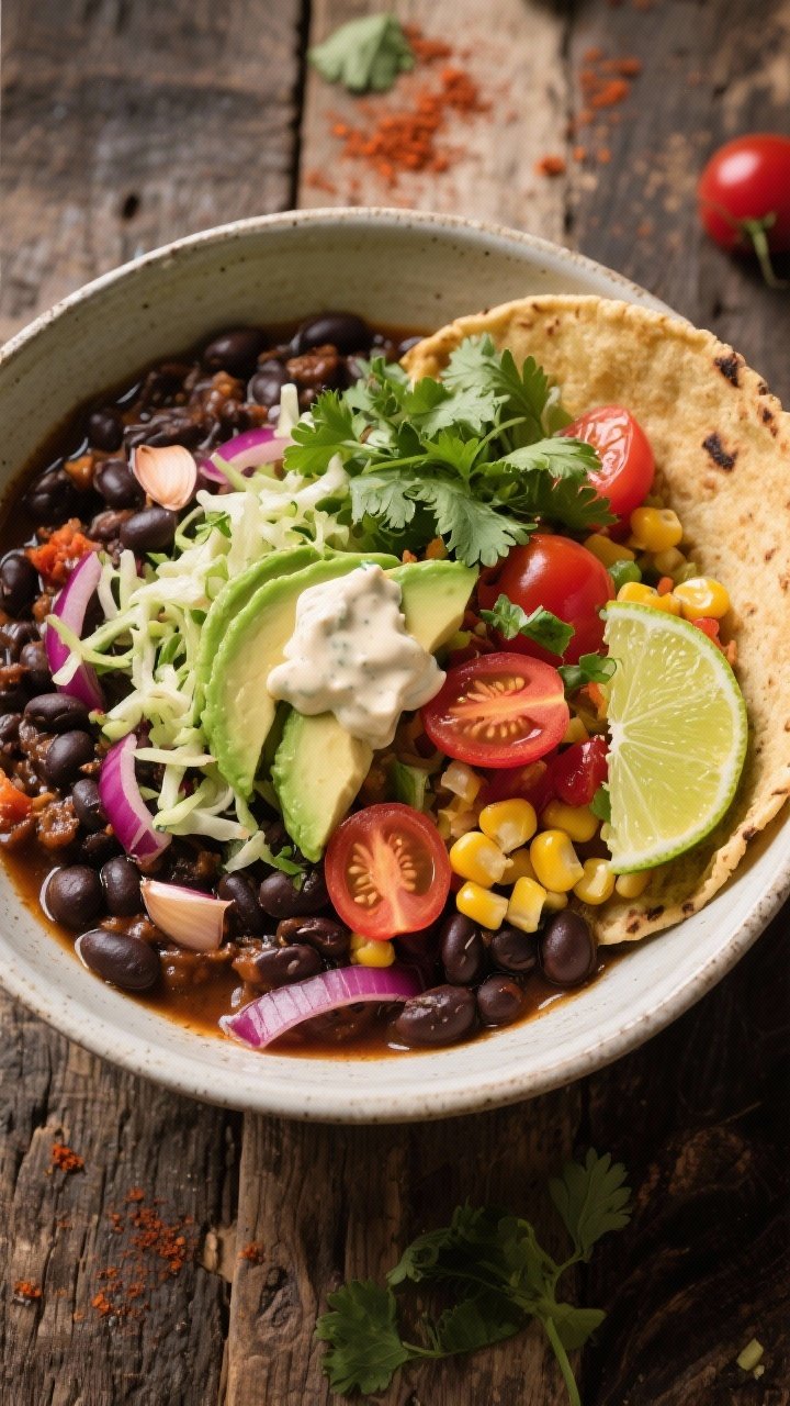 Overhead taco bowl composition: smoky black bean base simmered with red onion, garlic, chili powder, and vegetable broth; topped with cilantro-lime slaw, avocado slices, cherry tomatoes, corn, and a lime wedge; drizzle of creamy sauce optional; served in a wide shallow bowl on a rustic wooden table; bold colors and textures, clean styling.