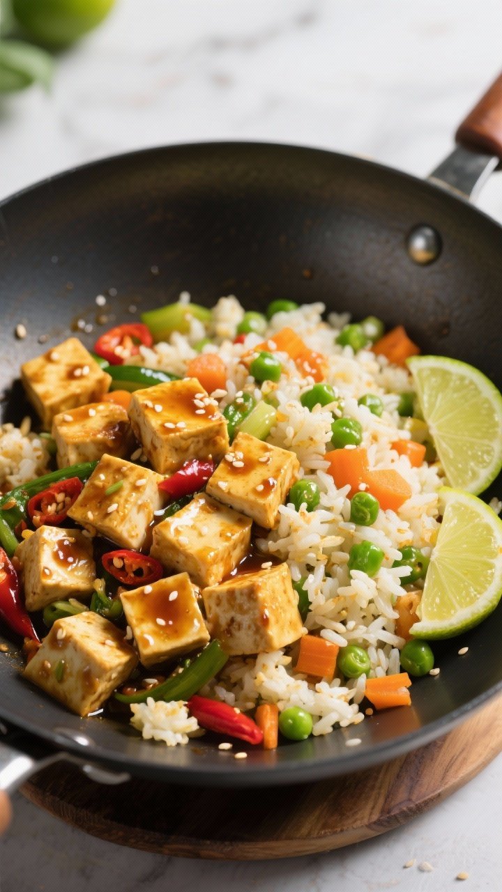 Overhead wok shot of chili-lime tofu with veggie fried “rice”: golden, crisp cubes of extra-firm tofu tossed in a glossy sauce of low-sodium soy, lime juice, a touch of maple or honey, chili-garlic sauce, and grated ginger; colorful vegetable fried “rice” (cauliflower rice or mixed veg) with peas and carrots; lime wedges and sesame scattered. Bright, punchy lighting to emphasize contrast and freshness.