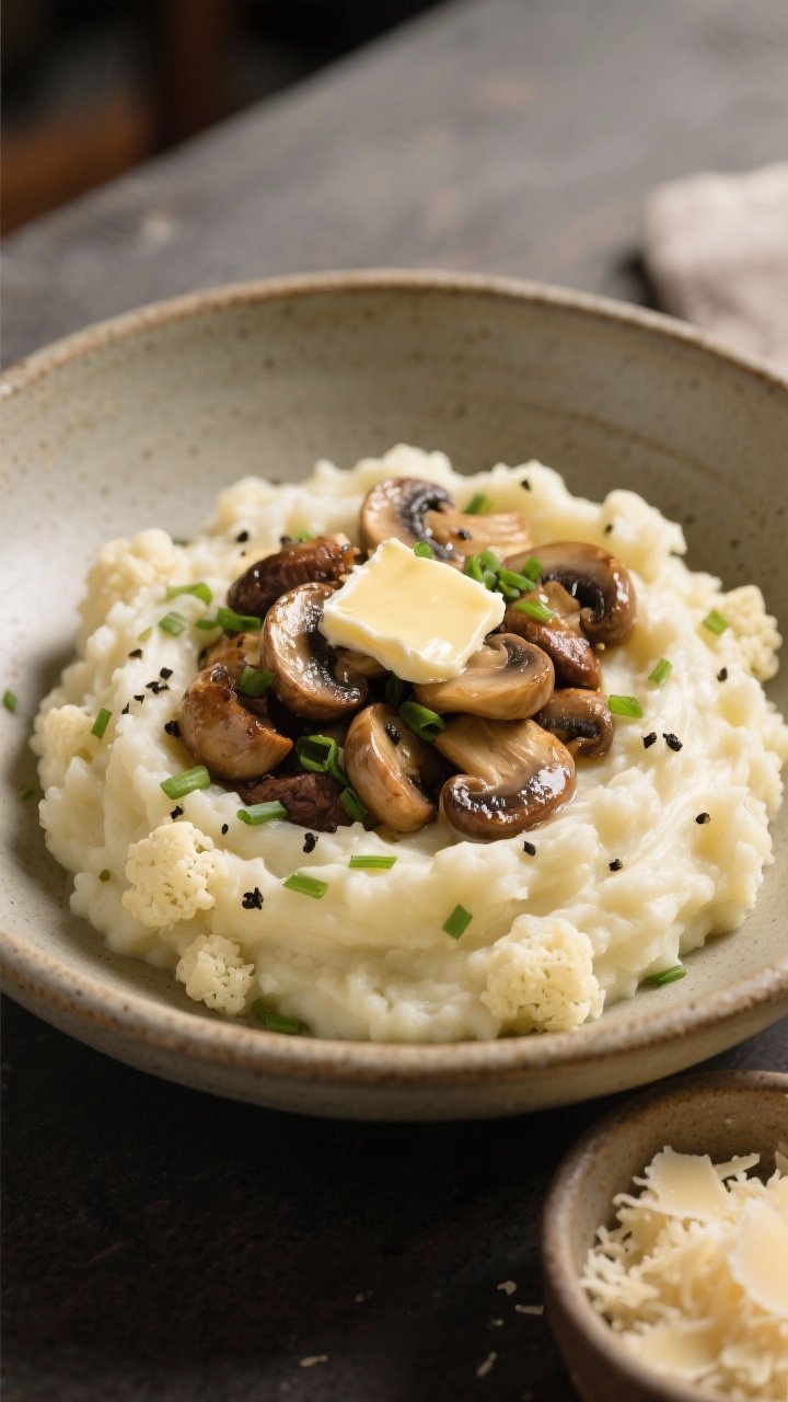 Plated bowl, straight-on: Steakhouse cauliflower mash bowl—silky cauliflower purée enriched with butter, cream cheese, Parmesan, and warm cream, topped with glossy garlic butter mushrooms; sprinkle of black pepper and chives on the mash, a pat of melting butter creating a sheen, served in a wide, shallow stoneware bowl with a small ramekin of grated Parmesan to the side, soft diffused lighting for comfort-food appeal.