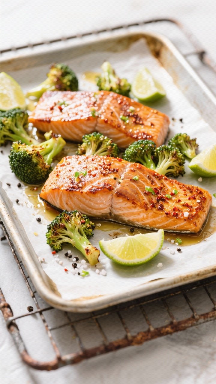 Sheet pan overhead: Chili-lime salmon fillets, skin-on, roasted to a lacquered finish with visible chili powder and lime zest speckles, nestled beside caramelized broccoli florets; coarse kosher salt and black pepper granules visible, a few lime wedges on the pan, light olive oil sheen, set on a parchment-lined rimmed sheet pan over a rustic baking rack, bright, natural daylight for crisp greens and warm salmon tones.