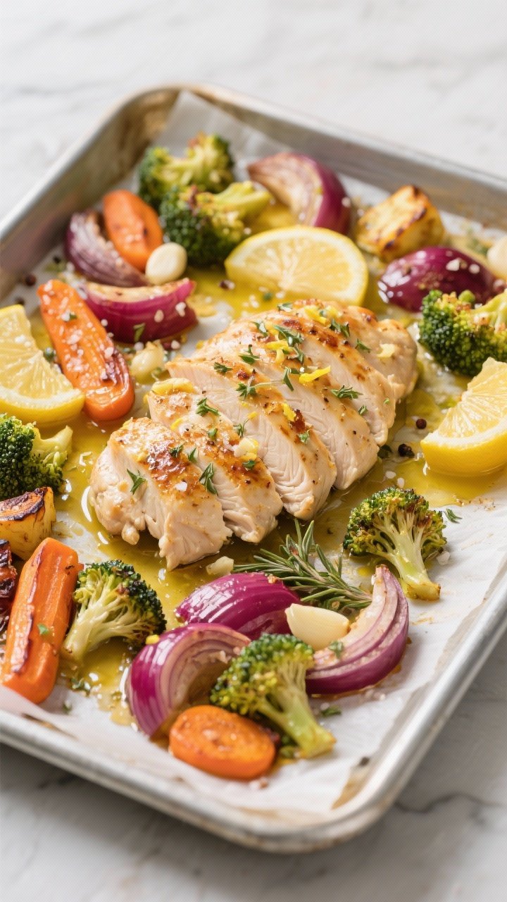 Sheet pan overhead of lemon-garlic chicken and veggies: boneless, skinless chicken thighs brushed with olive oil, lemon zest and juice, minced garlic, dried oregano and thyme, surrounded by colorful roasted vegetables (broccoli florets, sliced carrots, red onion wedges); caramelized edges, golden juices pooling, sprinkled with flaky salt and black pepper; bright, family-dinner vibe on parchment-lined metal pan