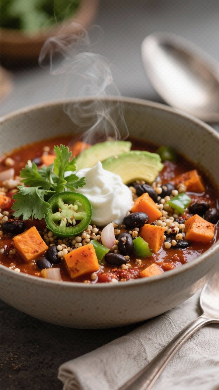 Straight-on bowl of Sweet Potato, Black Bean & Quinoa Chili: hearty chili with cubed orange sweet potatoes, black beans, and visible quinoa pearls in a rich chili powder-spiked tomato base, onions, green bell pepper, and garlic peeking through; served in a matte ceramic bowl, garnished with cilantro, sliced jalapeño, and a dollop of yogurt or avocado slices; gentle steam rising, napkin and spoon in frame, inviting and comforting.