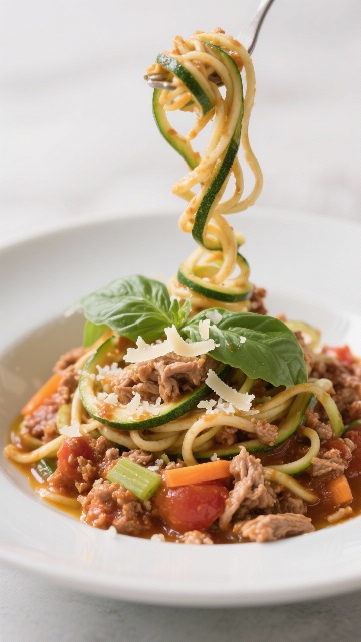 Straight-on bowl of zucchini noodle turkey Bolognese: spiralized zucchini noodles twirled high, smothered in a rich turkey sauce simmered with onion, carrot, celery, garlic, tomato paste, and crushed tomatoes; shower of freshly grated Parmesan and torn basil leaves; visible olive oil gloss and meaty texture, clean background to emphasize the strands and sauce body.