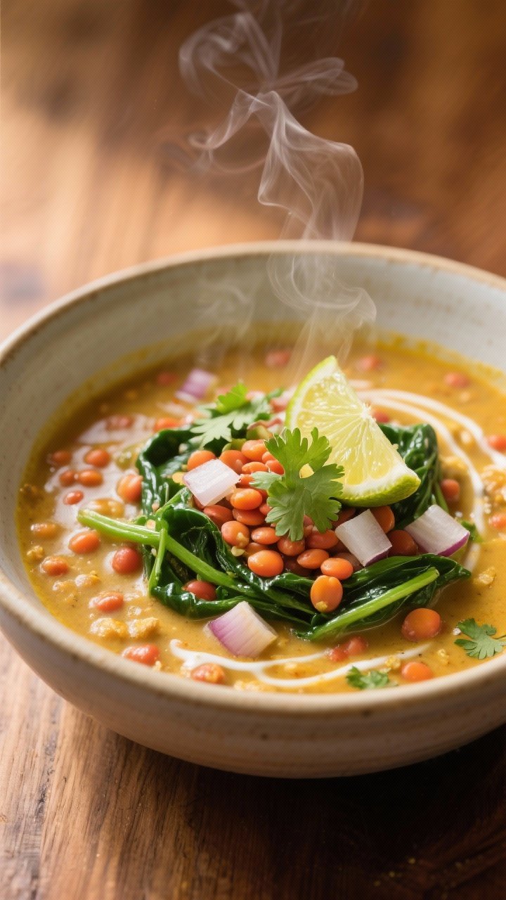 Straight-on bowl shot: cozy coconut lentil stew in a wide ceramic bowl, creamy curry-turmeric broth with tender red lentils, diced onion, garlic, and grated ginger; ribbons of spinach just wilted, a squeeze of fresh lime on top with a lime wedge on the rim; swirl of coconut richness visible, steam rising; sprinkled with chopped cilantro; background of warm wood, soft diffused light for comfort-food mood.